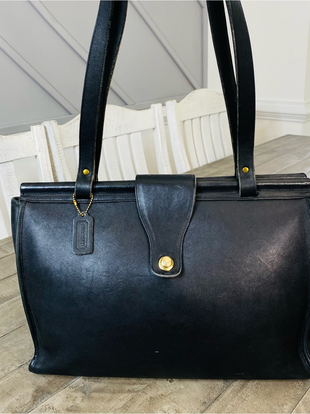 90s Vintage Coach Barclay Tote Black Glove Tanned Leather Business Bag USA - Picture 3 of 13